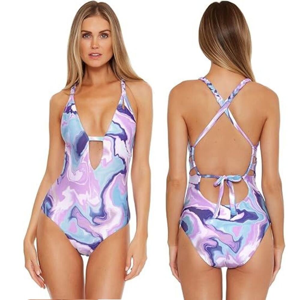 Becca Skylar Braided Plunge One-Piece Swimsuit S Blue Agate Marble Vacation NWOT
